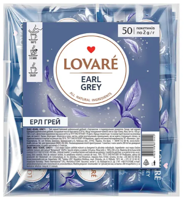 Чай черный цейлонский Lovare Earl Grey с ароматом бергамота 100 г (50 шт. х 2 г)